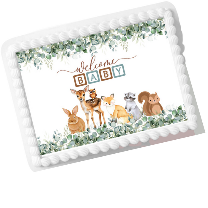 Edible Photo Image Cake Decoration Topper - Welcome Baby Woodland Animals