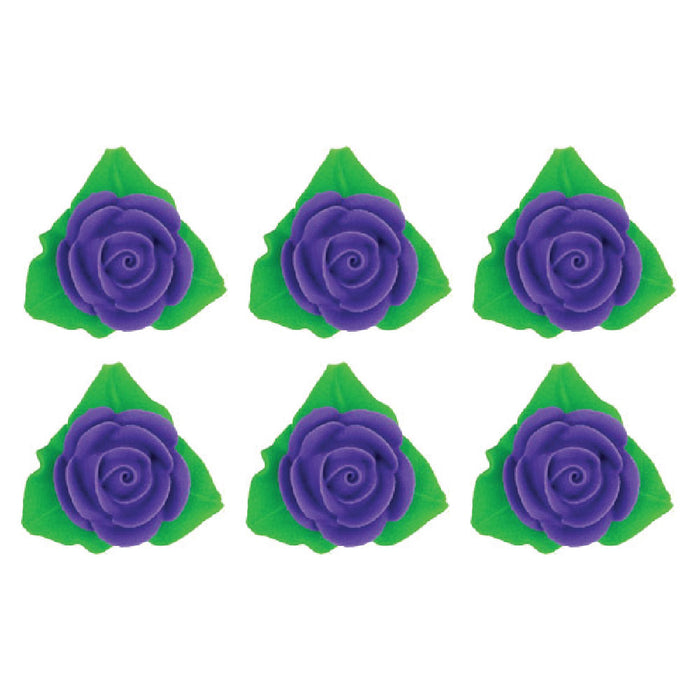 Rose Flower W/ Leaves Decorative Icing (Purple) - 6ct