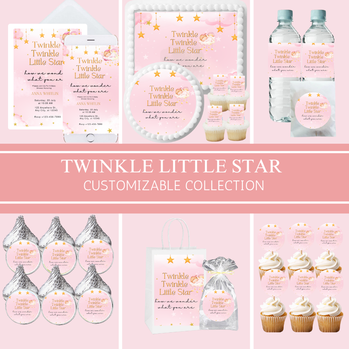 Pink Twinkle Little Star  Party Collection | Edible Cake Toppers, Cupcake Picks, Labels & Favor Bags