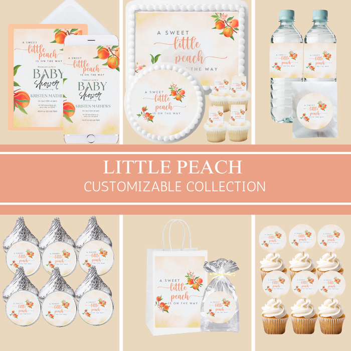 Little Peach Party Collection | Edible Cake Toppers, Cupcake Picks, Labels & Favor Bags