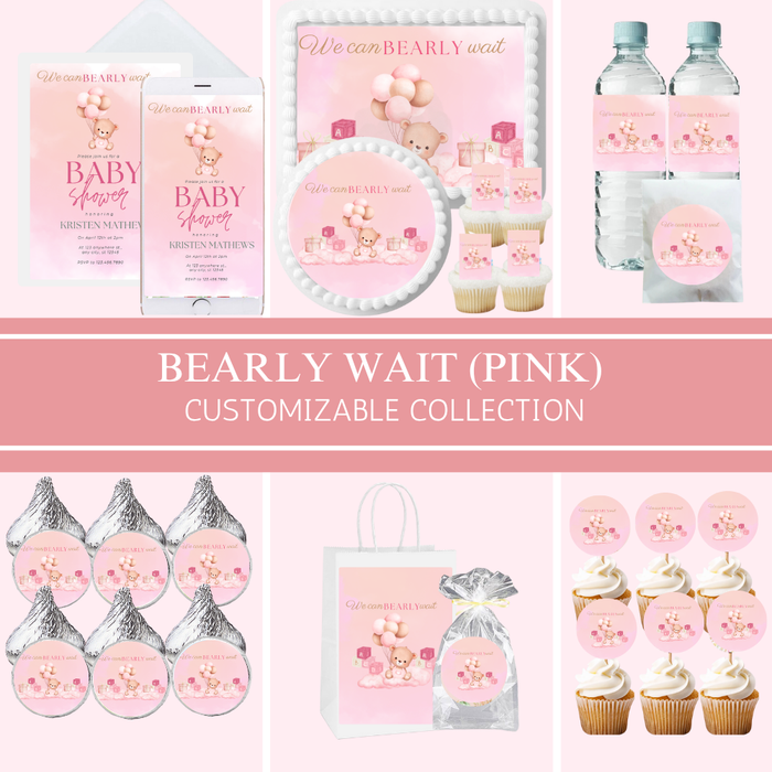 Bearly Wait Pink Party Collection | Edible Cake Toppers, Cupcake Picks, Labels & Favor Bags