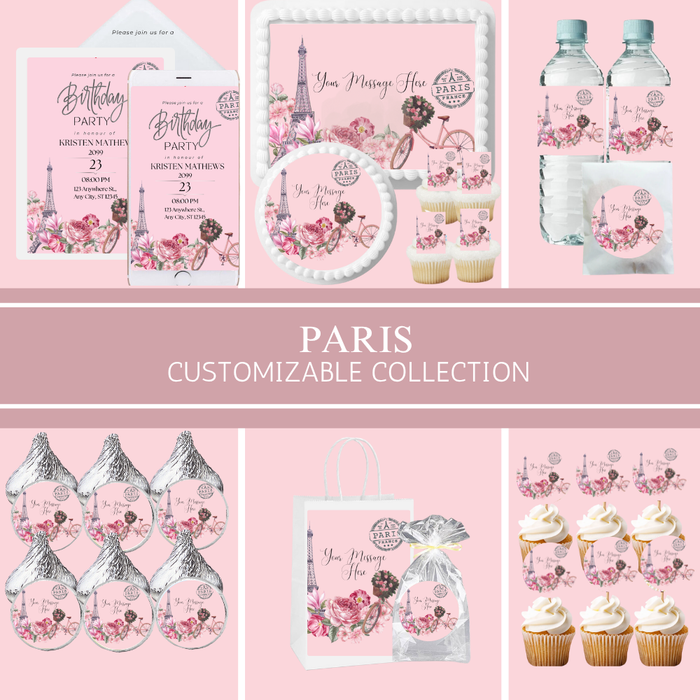 Paris Birthday Party Collection | Edible Cake Toppers, Cupcake Picks, Labels & Favor Bags