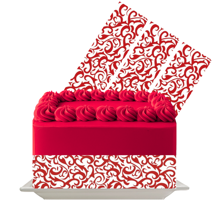 Ornate Red Swirl Luxe Edible Cake Wrap | Decorative Filigree Icing Sheet | Wedding & Anniversary Cake Decor