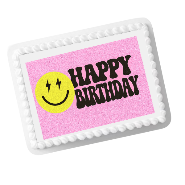 Yellow Smiley Face Happy Birthday Edible Cake Topper – 8x10 Frosting Sheet | Retro Emoji Party Decoration
