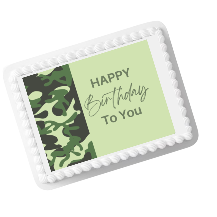 Camouflage Happy Birthday Edible Cake Topper – 8x10 Frosting Sheet | Army & Military Theme Cake Decoration