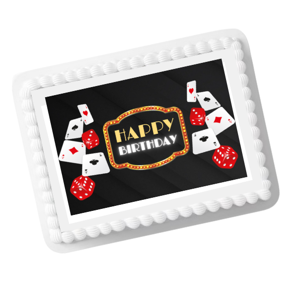Casino Dice & Cards Happy Birthday Edible Cake Topper – 8x10 Frosting Sheet | Vegas Casino Party Decoration