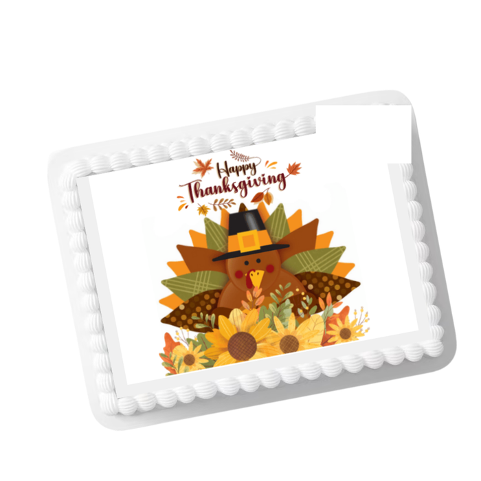 Thanksgiving Turkey & Pilgrim Edible Cake Topper – 8x10 Frosting Sheet | Fall Holiday Cake Decoration