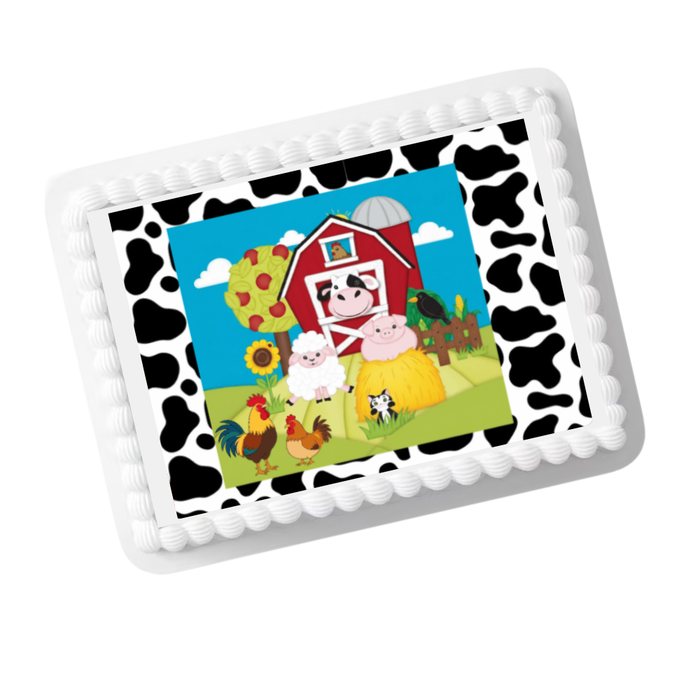Farm Animals & Red Barn Edible Cake Topper – 8x10 Frosting Sheet | Barnyard Birthday Cake Decoration