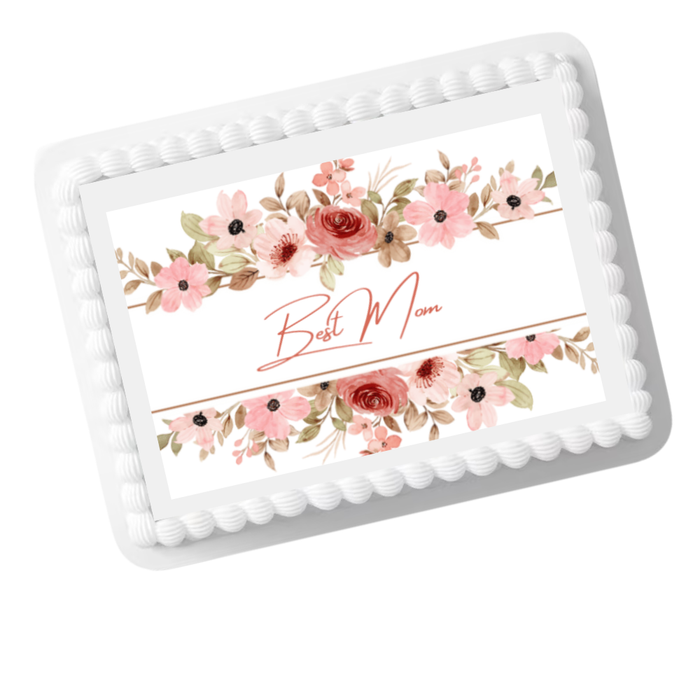 Best Mom Blush Floral Initials Edible Cake Topper – 8x10 Frosting Sheet | Wedding & Anniversary Cake Decoration