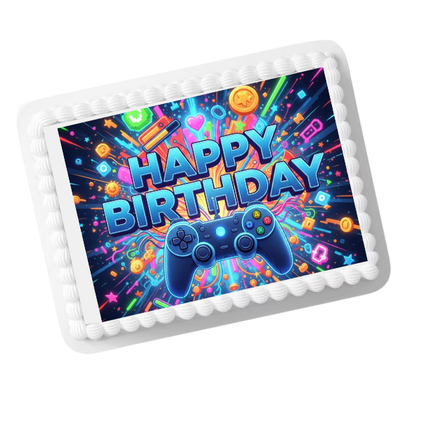 Neon Gaming Controller Happy Birthday Edible Cake Topper – 8x10 Frosting Sheet | Gamer Party Decoration