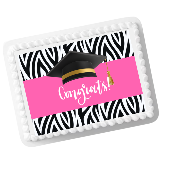 Zebra Print Graduation Edible Cake Topper – 8x10 Frosting Sheet | Congrats Graduate Cake Decoration