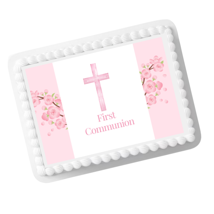 Pink First Communion Edible Cake Topper – 8x10 Frosting Sheet | Religious Girl Communion Cake Decoration