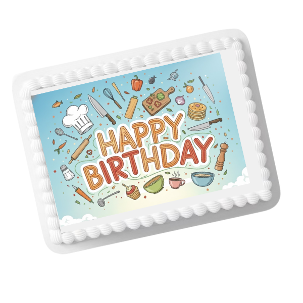 Chef Kitchen Tools Happy Birthday Edible Cake Topper – 8x10 Frosting Sheet | Cooking & Baking Party Decoration