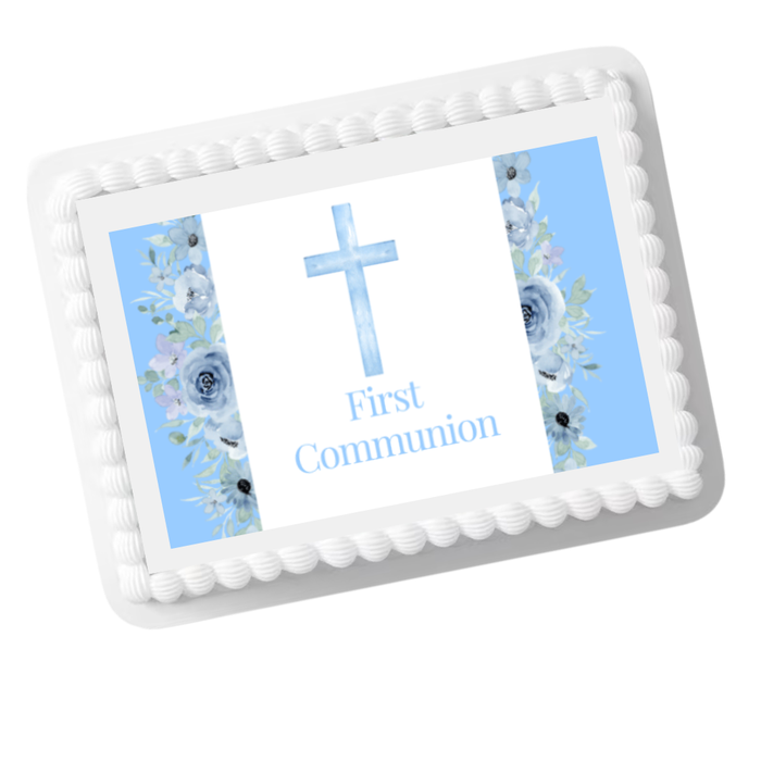 Blue First Communion Edible Cake Topper – 8x10 Frosting Sheet | Religious Ceremony Cake Decoration