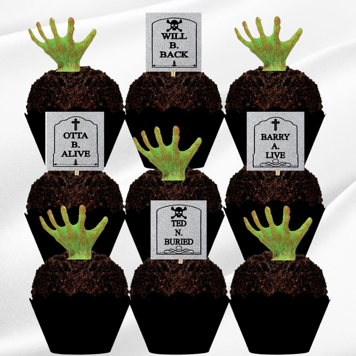 Grabby Hands and Tombstone Halloween Dessert Decoration Cupcake Topper Rings - 12ct