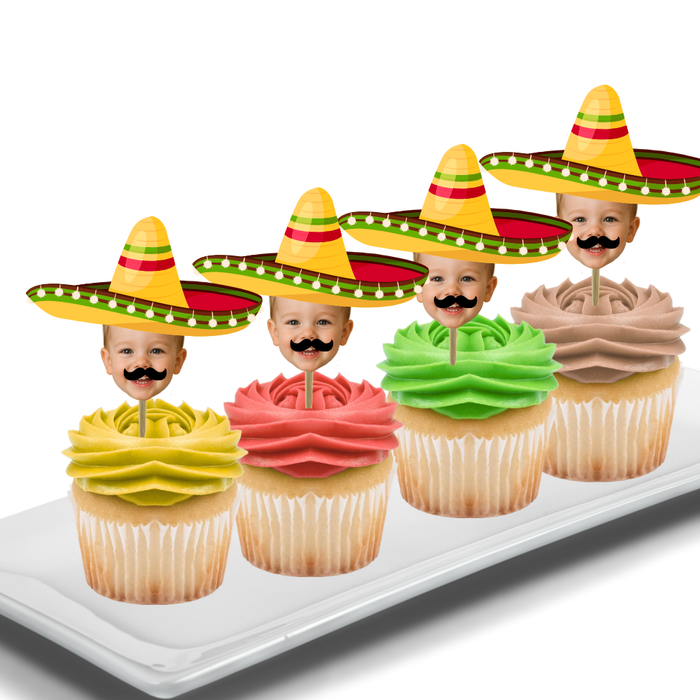 Sombrero  Birthday Hat Your Photo Face Cupcake Toppers -Set 12