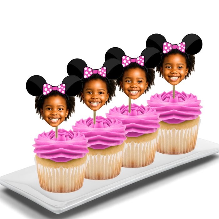Polka Dot Bow Your Photo Face Cupcake Toppers -Set 12