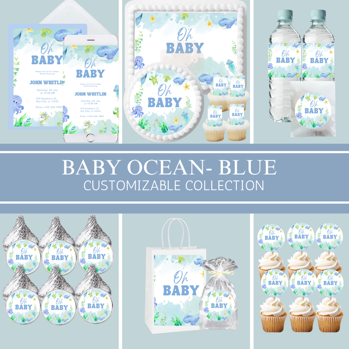 Baby Ocean Blue Party Collection | Edible Cake Toppers, Cupcake Picks, Labels & Favor Bags