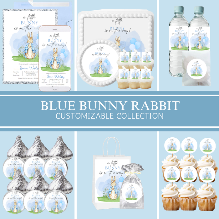 Blue Bunny Rabbit Party Collection | Edible Cake Toppers, Cupcake Picks, Labels & Favor Bags