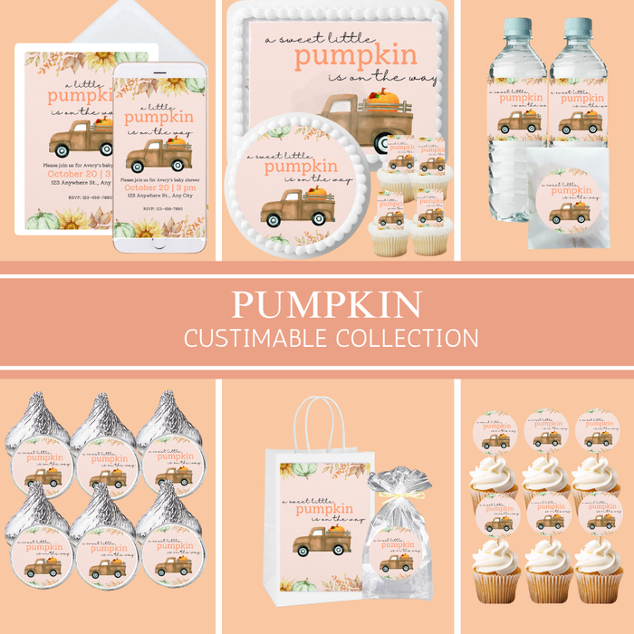 Peach Pumpkin Party Collection | Edible Cake Toppers, Cupcake Picks, Labels & Favor Bags