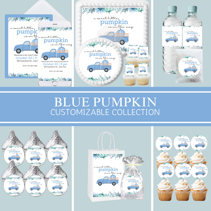 Blue Pumpkin Party Collection | Edible Cake Toppers, Cupcake Picks, Labels & Favor Bags