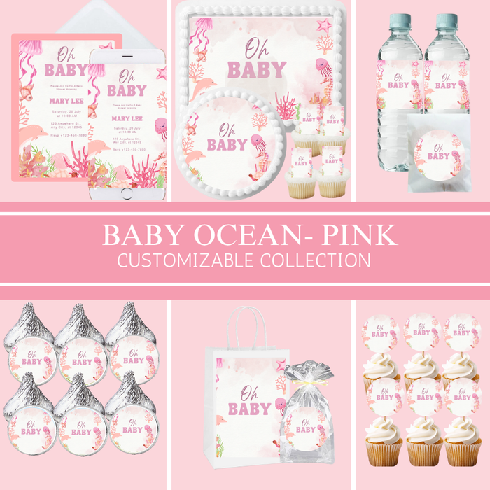 Baby Ocean Pink  Party Collection | Edible Cake Toppers, Cupcake Picks, Labels & Favor Bags