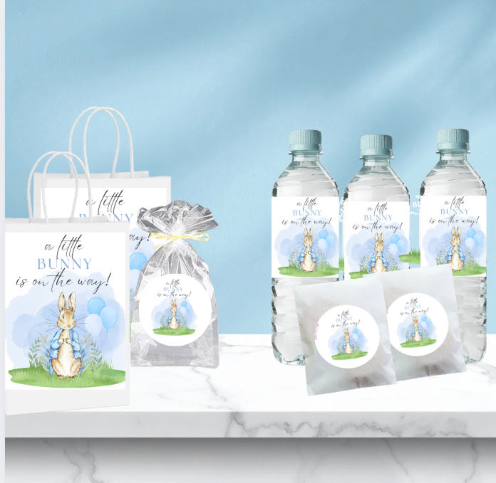 Blue Bunny Rabbit Party Collection | Edible Cake Toppers, Cupcake Picks, Labels & Favor Bags