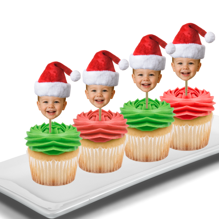 Santa Hat Your Photo Face Cupcake Toppers -Set 12