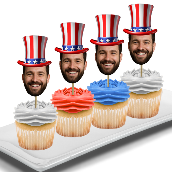4th of July Hat Your Photo Face Cupcake Toppers -Set 12