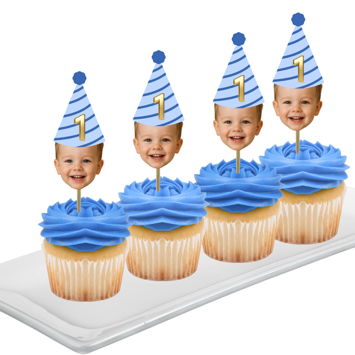 Blue Birthday Hat Your Photo Face Cupcake Toppers -Set 12