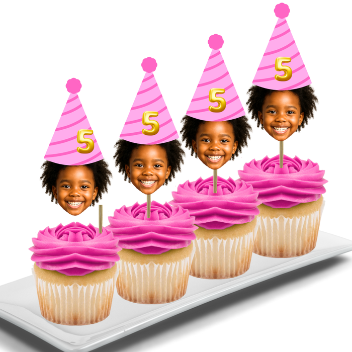 Pink Birthday Hat Your Photo Face Cupcake Toppers -Set 12