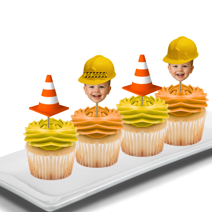 Construction Birthday Hat Your Photo Face Cupcake Toppers -Set 12