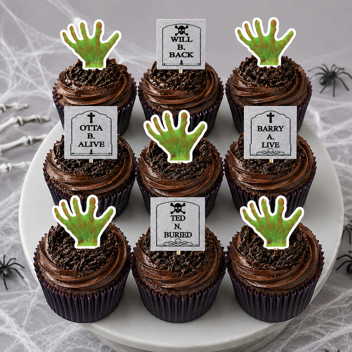 Grabby Hands and Tombstone Halloween Dessert Decoration Cupcake Topper Picks - 12ct