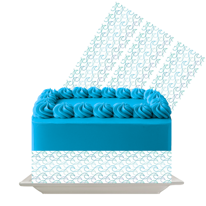 Aqua Curl Wave Edible Cake Wrap | Blue Swirl Pattern Icing Sheet | Ocean & Beach Theme Cake Decoration