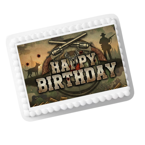 Western Hunter Happy Birthday Edible Cake Topper – 8x10 Frosting Sheet | Army & Combat Theme Decoration