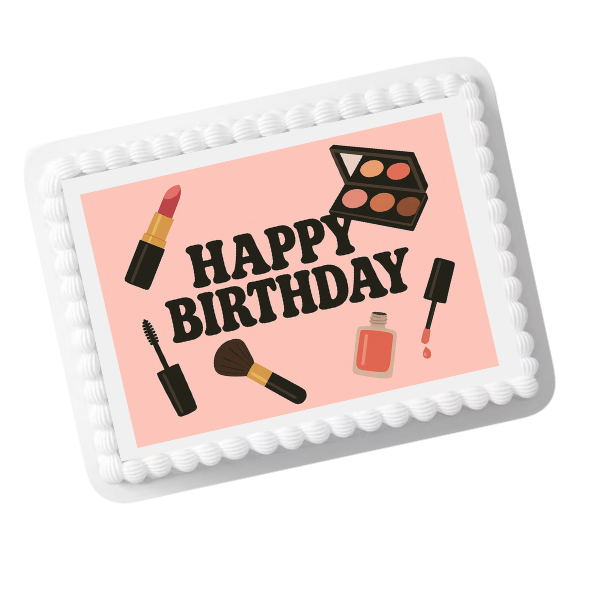 Makeup Beauty Kit Happy Birthday Edible Cake Topper – 8x10 Frosting Sheet | Glam & Cosmetics Birthday Decoration