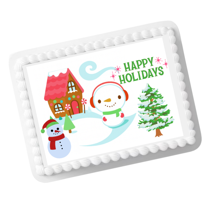 Gingerbread House & Snowman Edible Cake Topper – 8x10 Frosting Sheet | Christmas Holiday Cake Decoration
