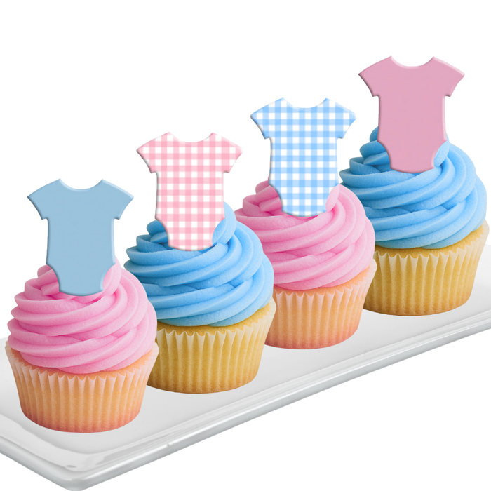 Ready Edibles - Gender Reveal Gingham Edible Cupcake Decoration Toppers (24 Count)