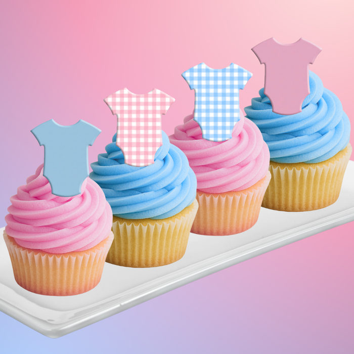 Ready Edibles - Gender Reveal Gingham Edible Cupcake Decoration Toppers (24 Count)