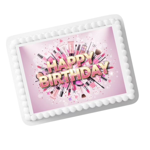 Pink Glitter Diva Cosmetic Makeup Burst Happy Birthday Edible Cake Topper – 8x10 Frosting Sheet | Sparkle Celebration Decoration