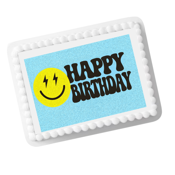 Blue Smiley Face Happy Birthday Edible Cake Topper – 8x10 Frosting Sheet | Cool Emoji Celebration