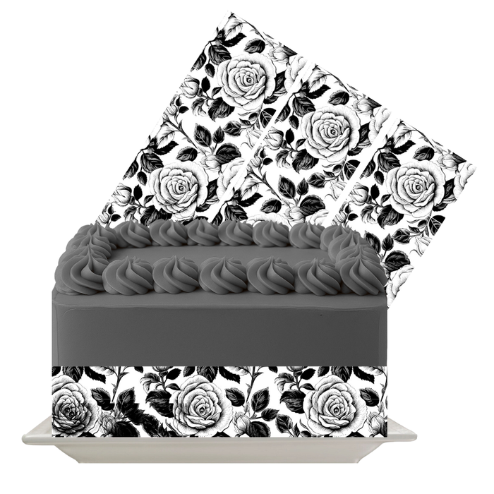 Black & White Rose Edible Cake Wrap | Floral Icing Sheet | Elegant & Wedding Cake Decoration