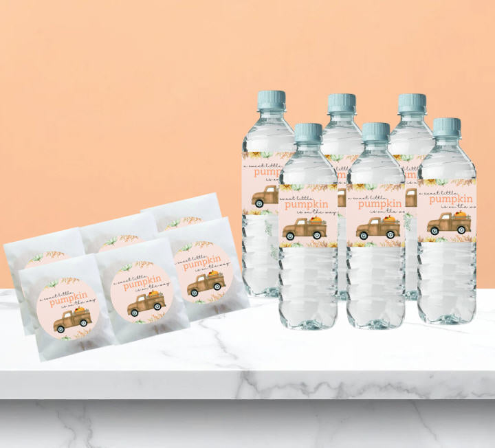 Peach Pumpkin Party Collection | Edible Cake Toppers, Cupcake Picks, Labels & Favor Bags