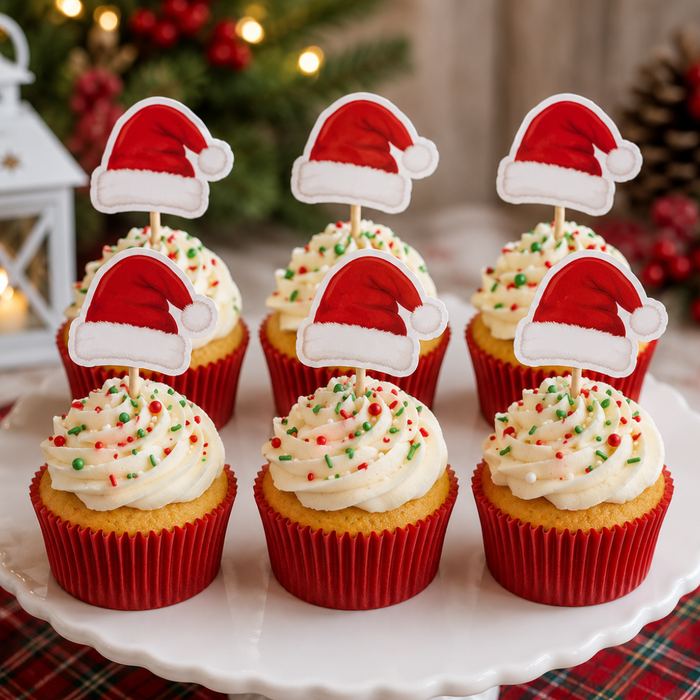 Santa Hat Dessert Decoration Cupcake Topper Picks - 12ct