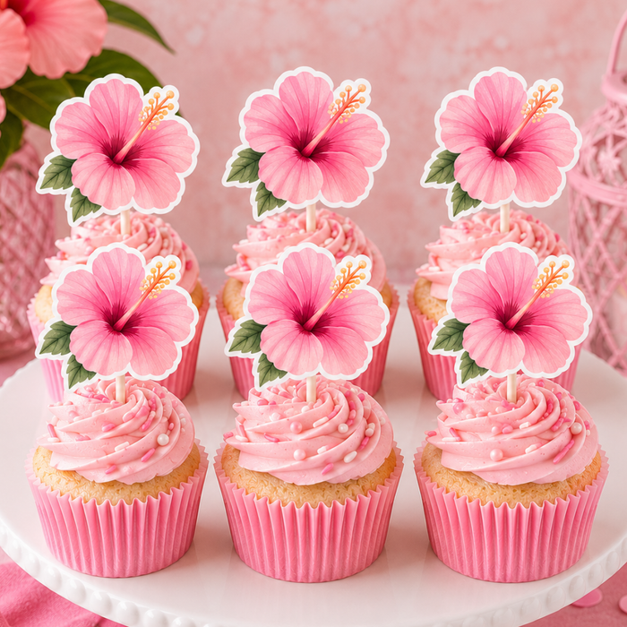 Hibiscus Flower Dessert Decoration Cupcake Toppers - 12ct