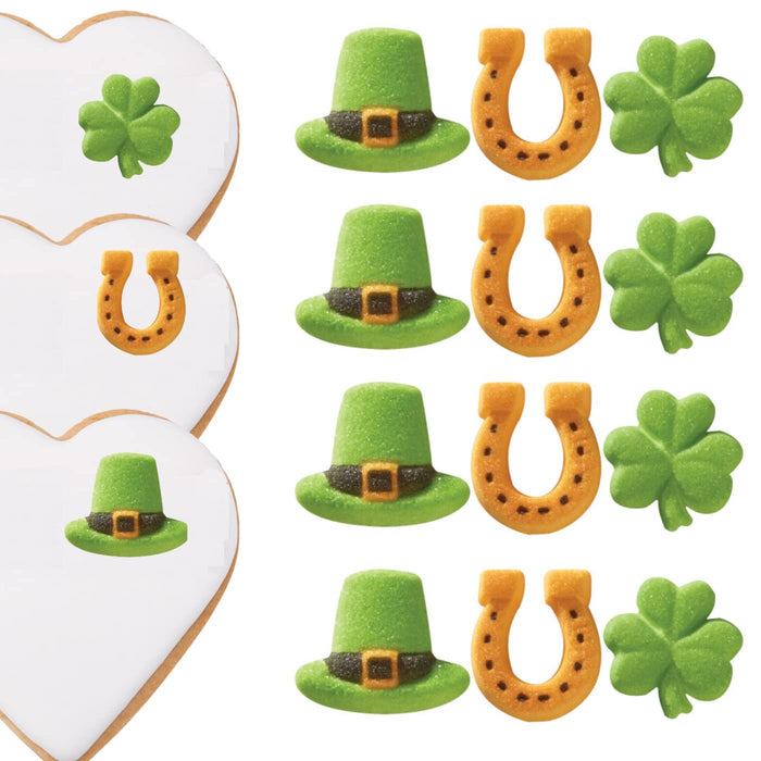 Shamrock Good Luck  Assortment Ready to Use Edible Cake Cupcake Sugar Icing Decorations 12ct