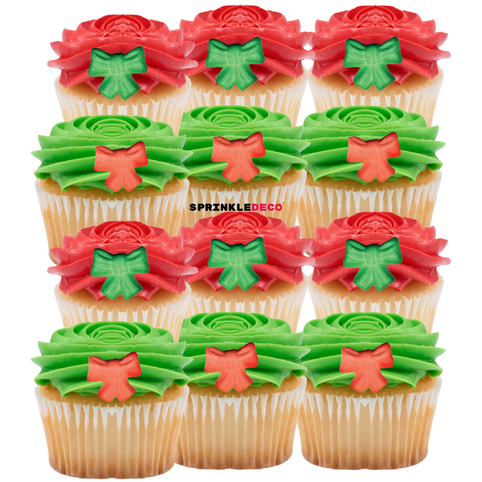 Christmas Red and Green Bows Edible Icing Toppers - 12ct, Asstd.