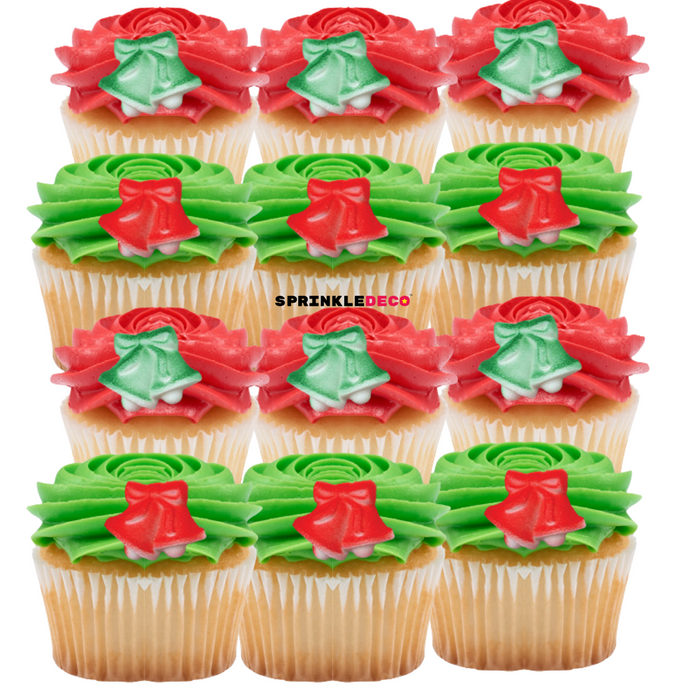 Christmas Red and Green Bells Edible Icing Toppers - 12ct, Asstd.