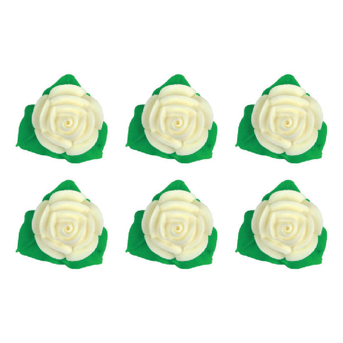 Rose Flower W/ Leaves Decorative Icing (White) - 6ct