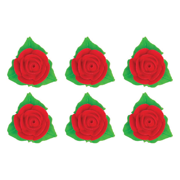 Rose Flower W/ Leaves Decorative Icing (Red) - 6ct